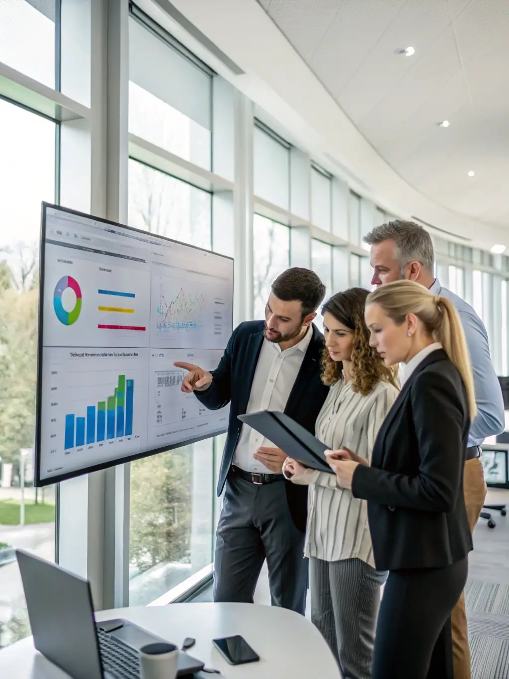 An image of a team analyzing marketing data on a large screen, with charts and graphs illustrating growth strategies, representing AllSolutions LLC's marketing strategy development service.