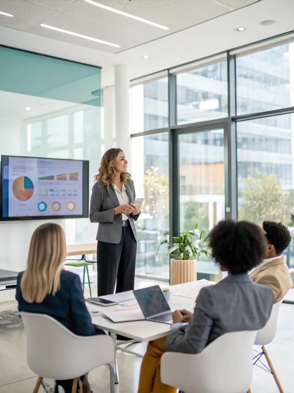 A consultant leading a workshop on innovation and growth strategies with a diverse group of business professionals.