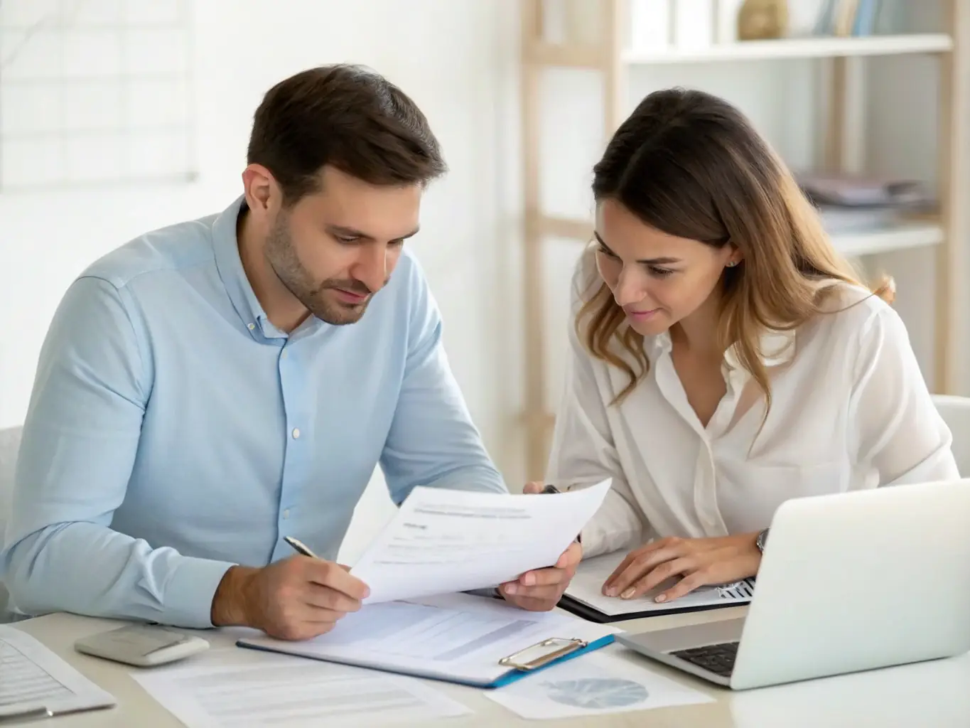 A consultant is working with a client, reviewing process flowcharts and identifying areas for improvement.