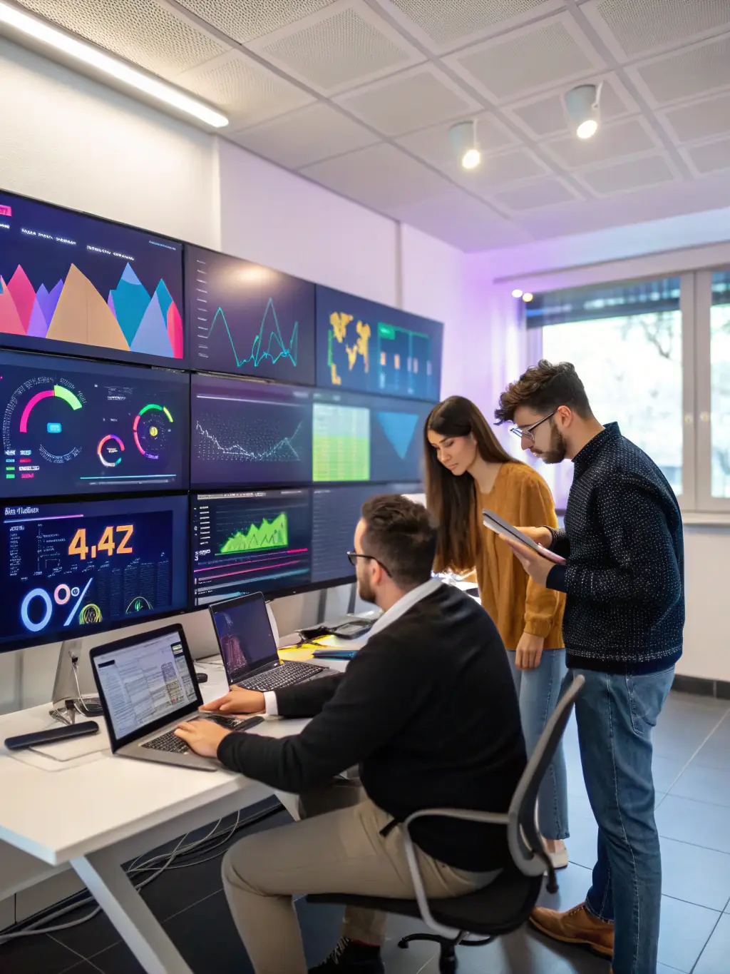 A marketing team reviewing data analytics dashboards, identifying trends and insights to improve campaign performance.