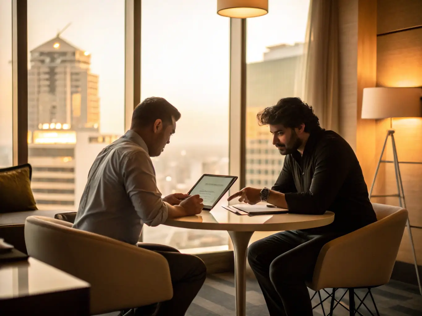 A consultant in a modern office setting, reviewing marketing data on a tablet with a client, discussing strategy and growth opportunities.