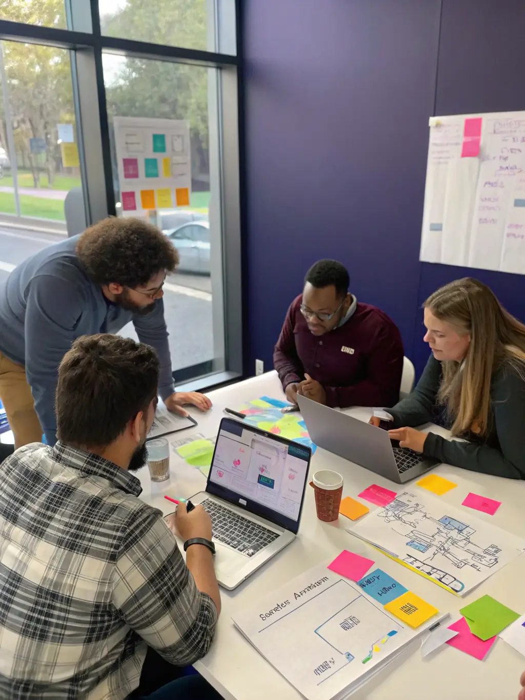 An image of a branding workshop with creative team members brainstorming around a table, representing AllSolutions LLC's brand development and positioning service.