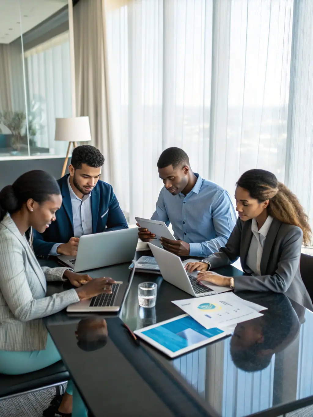 A diverse team collaborating on a business strategy, using laptops and tablets to analyze data and plan future growth.