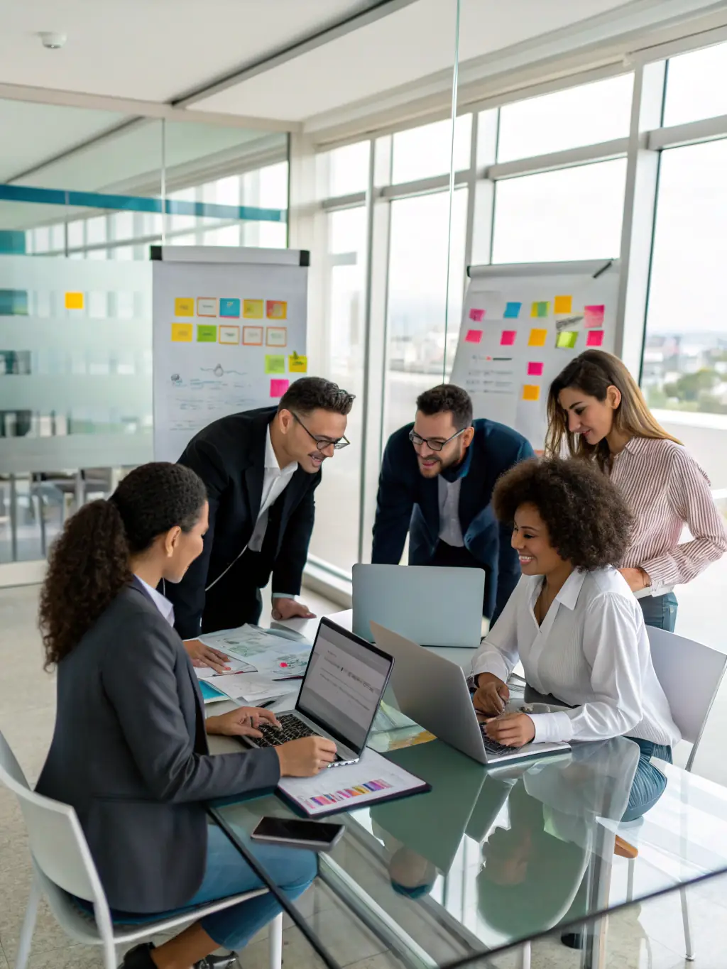 A team brainstorming brand development ideas, with sticky notes and sketches covering a whiteboard.