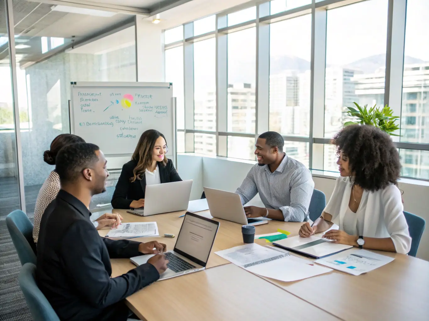 A team of consultants collaborating in a meeting room, brainstorming ideas for business process optimization and efficiency improvements.