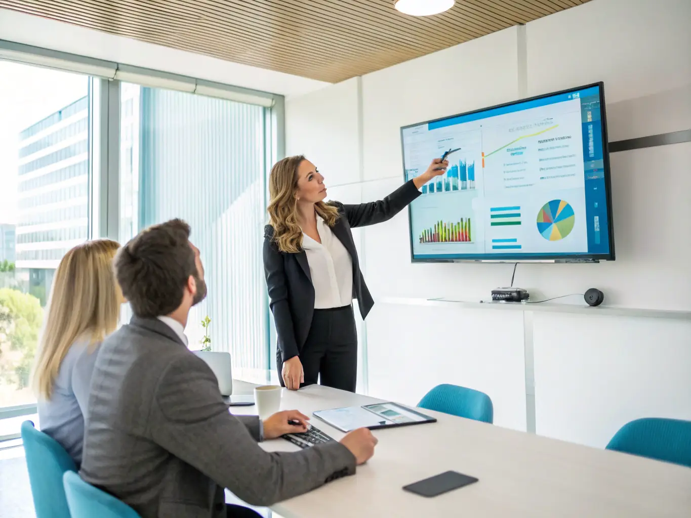 A professional consultant is presenting a marketing strategy to a client, highlighting key performance indicators on a dashboard.