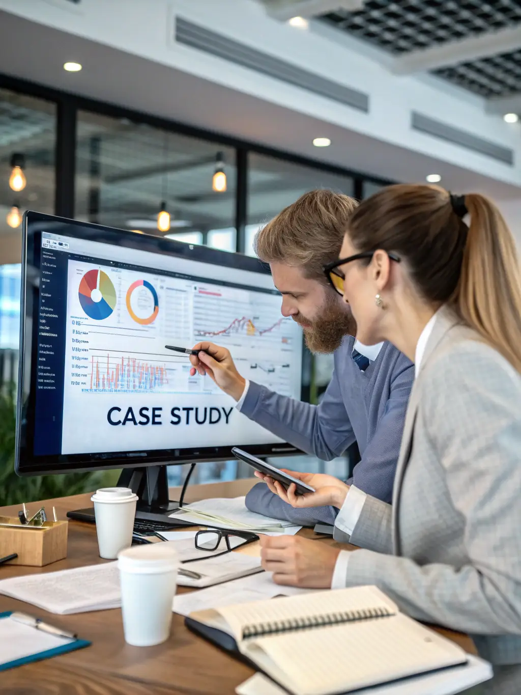A consultant analyzing business process flowcharts with a client, identifying bottlenecks and areas for improvement.