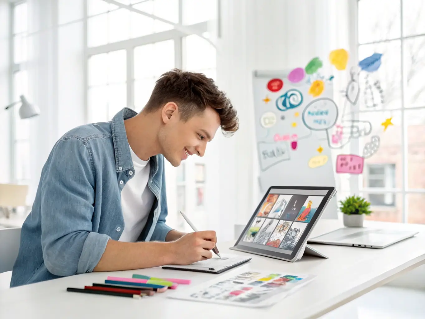 A graphic designer working on brand assets, creating a logo and visual identity for a client's brand, ensuring consistent messaging and brand recognition.
