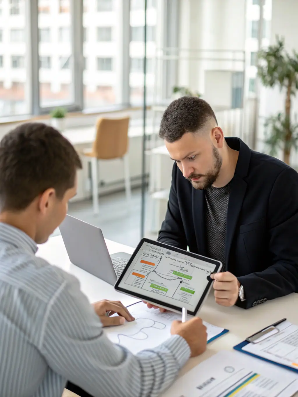 A consultant analyzing a business process flowchart with a client, highlighting areas for optimization and efficiency improvements.