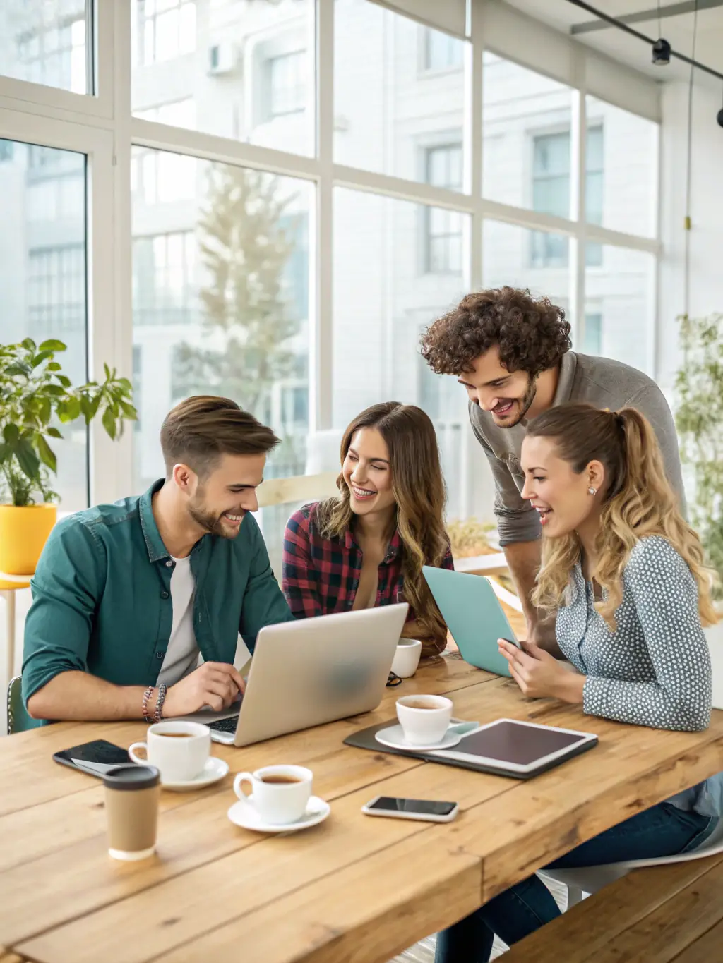 A creative team brainstorming brand development ideas, with mood boards and brand guidelines visible in the background.