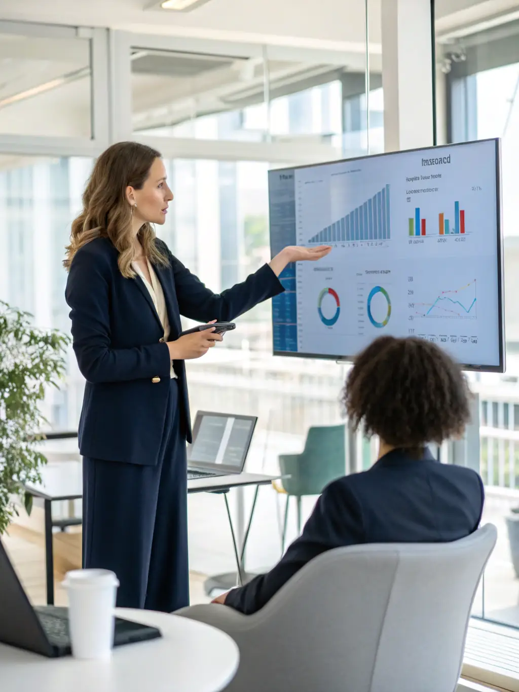 A consultant presenting a marketing strategy to a client, highlighting key performance indicators on a dashboard.