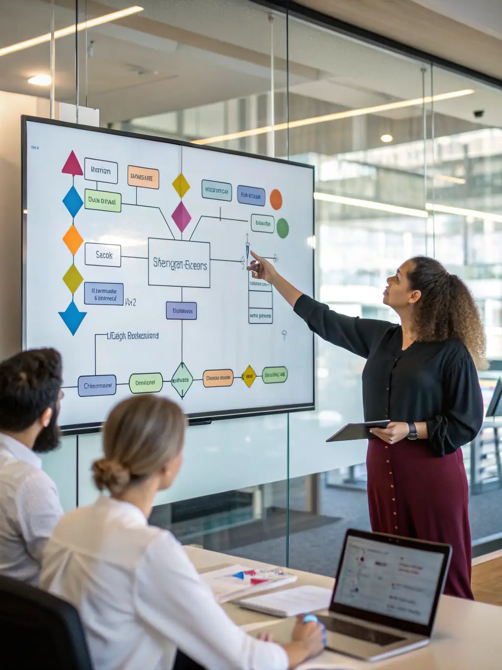 An image of a consultant working with a client on process flowcharts and operational diagrams, symbolizing AllSolutions LLC's business process optimization service.